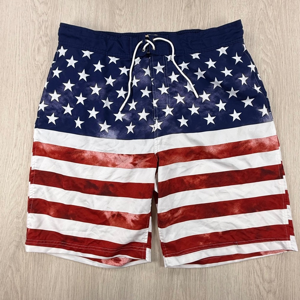 Swim Trunks Red Head Mens Lg Red White Blue American Flag Patriotic Stars Strip